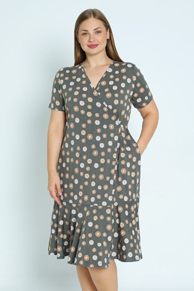 Patterned Cotton Kimono Collar Back Tie Pocket Short Sleeve Plus Size Dress