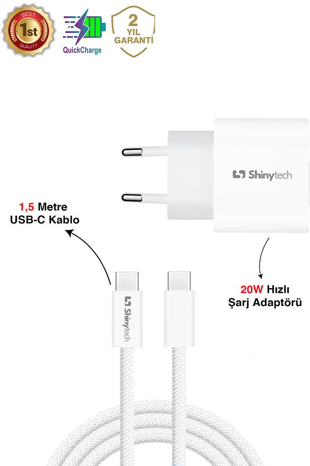 20W USB-C Güç Adaptörü Hızlı Şarj Aleti 1,5m Örgü Kablo USB-C Şarj Seti - 1