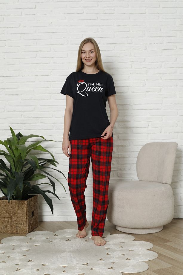 Sevgililer, Çiftler ve Çeyizlik İçin Eşli Kısa Kollu Ekoseli Pijama - 3