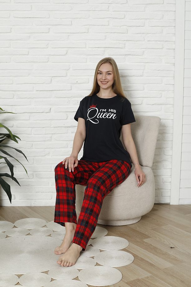 Sevgililer, Çiftler ve Çeyizlik İçin Eşli Kısa Kollu Ekoseli Pijama - 4