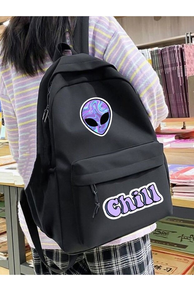 حقيبة ظهر مدرسية مطبوعة للزوجين باللون الأرجواني Alien Chill، وغرفة الدراسة، وحقيبة ظهر للدورة