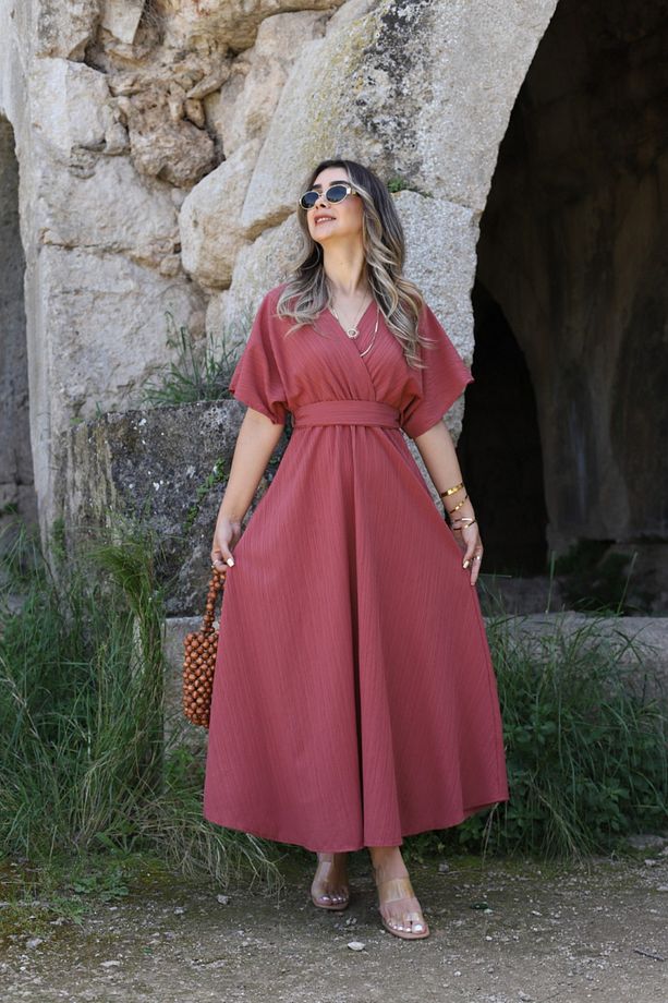 Gül Kurusu Ön Arka Kruvaze Kuşaklı Gofre Elbise - 2