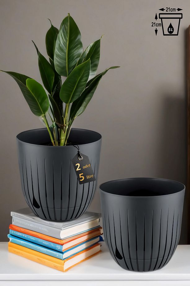 2 Adet Çizgi Saksı Seti 5 Litre Plastik Delikli Tabaklı Çiçek Saksısı Set - 1