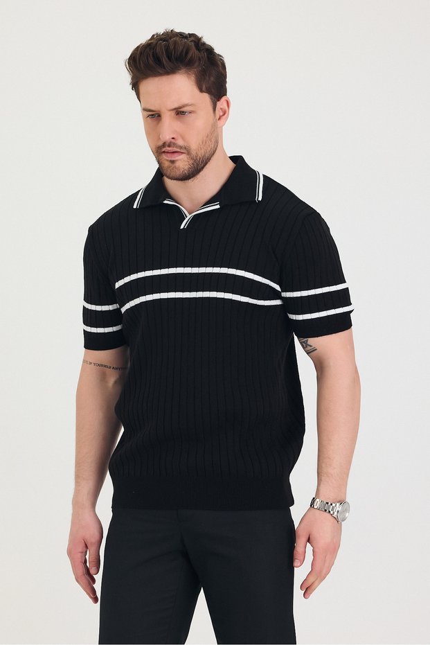 Men's Collar Sleeve Chest White Line Detailed Black Knitwear T-Shirt