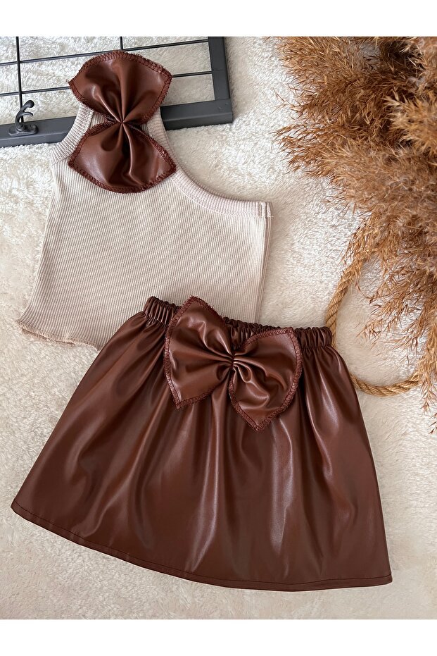 Baby Kids Brown Leather Skirt Beige Cropped Top and Bottom Summer Set