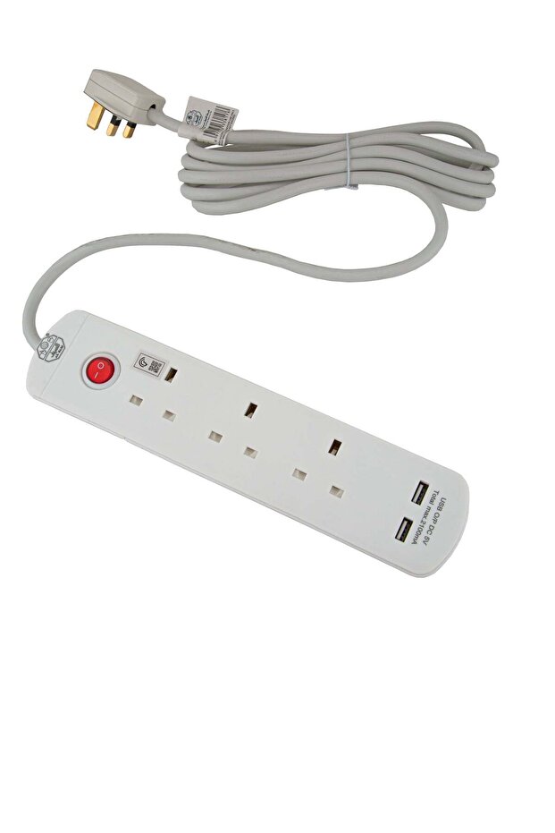 وصلة تمديد كهربائية بثلاثة مقابس 13 أمبير، أبيض، بطول 3 أمتار، مع منفذي USB