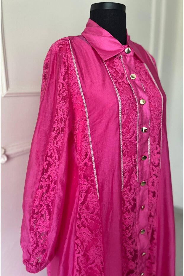 İthal İpekli Dantelli Pembe Elbise - 6