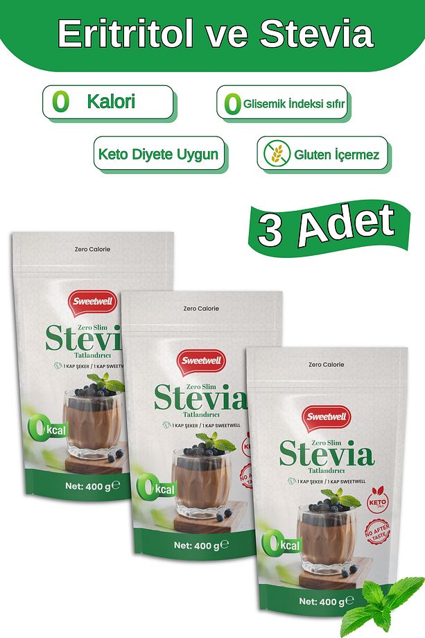 Zero Slim Stevia & Eritritol Tatlandırıcı 400 Gr x 3 Adet Şekersiz, 0 Kalori, Keto ve Vegan Uyumlu - 1