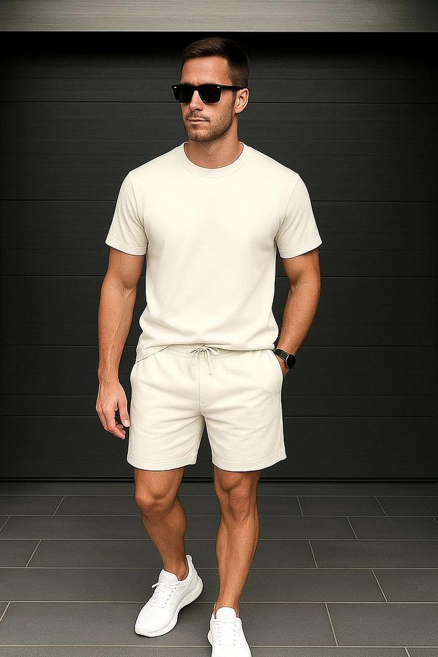Regular Kalıp 2'li Set Relax Comfort Fit Şardonsuz Tshirt Şort Eşofman Takımı - 1