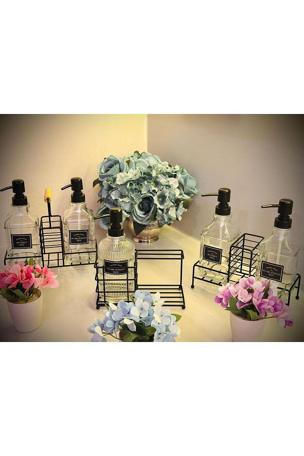 Modern Cam Ikili Sıvı Sabunluk & Deterjanlık Seti-450 ml Cam Sabunluk, Metal Stand'lı, Ahşap Kulplu - 7