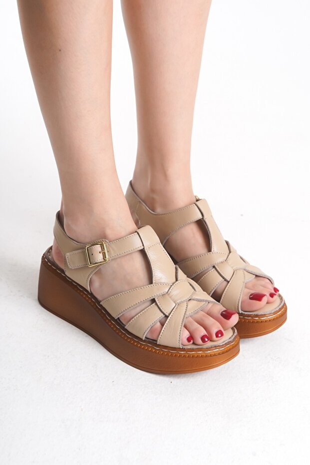Genuine Leather Beige Padding Sole Platform Orthopedic Women's Sandals Tmd 2025221