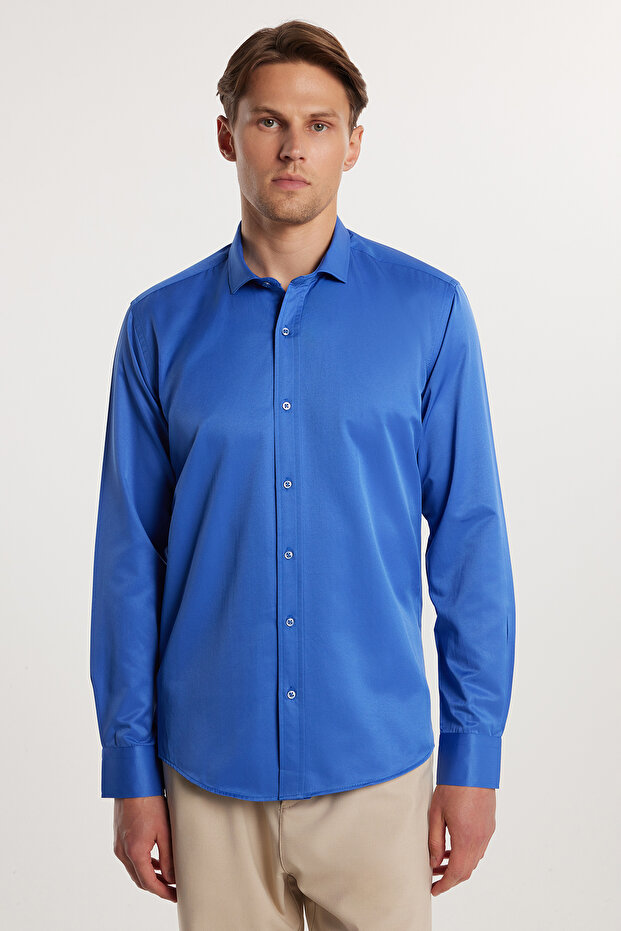 Modern Slim Fit Long Sleeve Plain Satin Cotton Men's Sax Blue Shirt