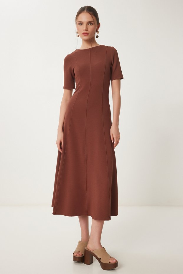 Women's Brown Flared Midi Summer Knit Dress ZH00047