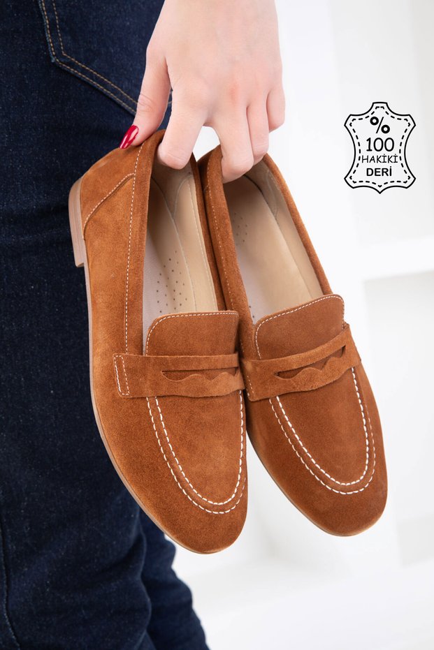 Tan Suede Genuine Leather Women's Loafer Shoes 20563