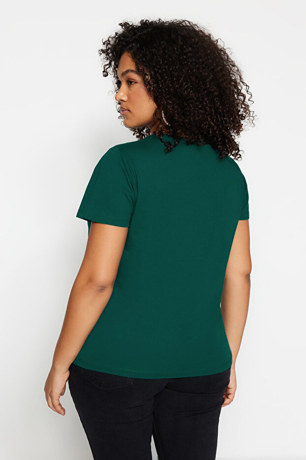 Zümrüt Yeşili Regular Fit Basic Bisiklet Yaka %100 Pamuk Örme Büyük Beden T-Shirt TBBSS22TS0733 - 3