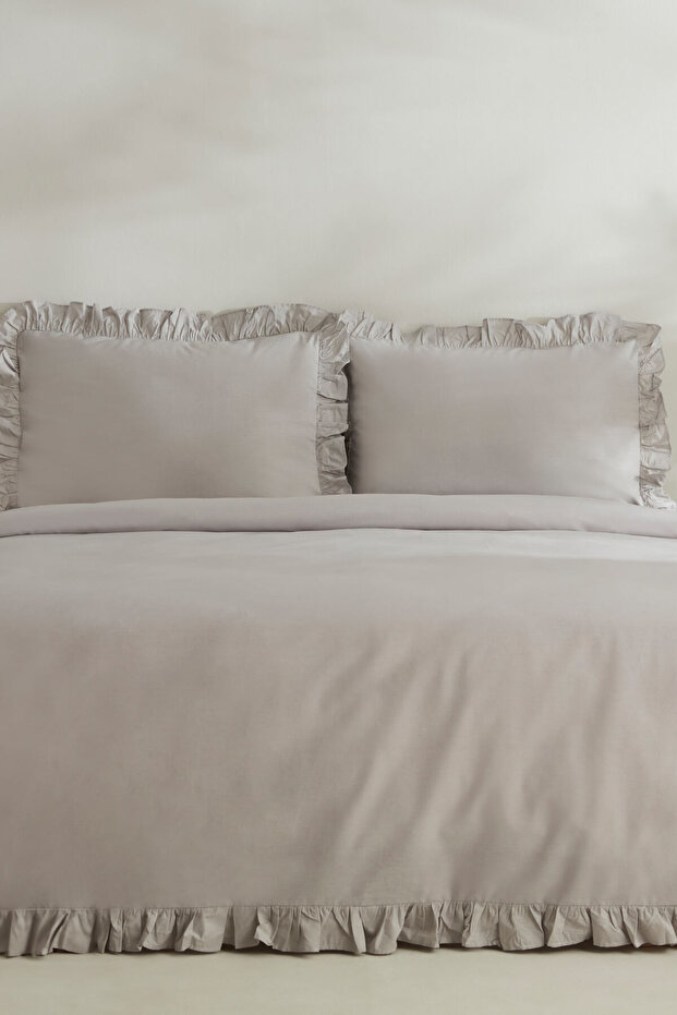 Pure Ruffle 100% Cotton Double Duvet Cover Set Light Gray