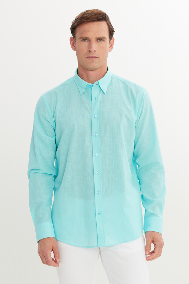Erkek Turkuaz Comfort Fit Rahat Kesim Gizli Düğme Yaka %100 Pamuk Flamlı Gömlek - 4