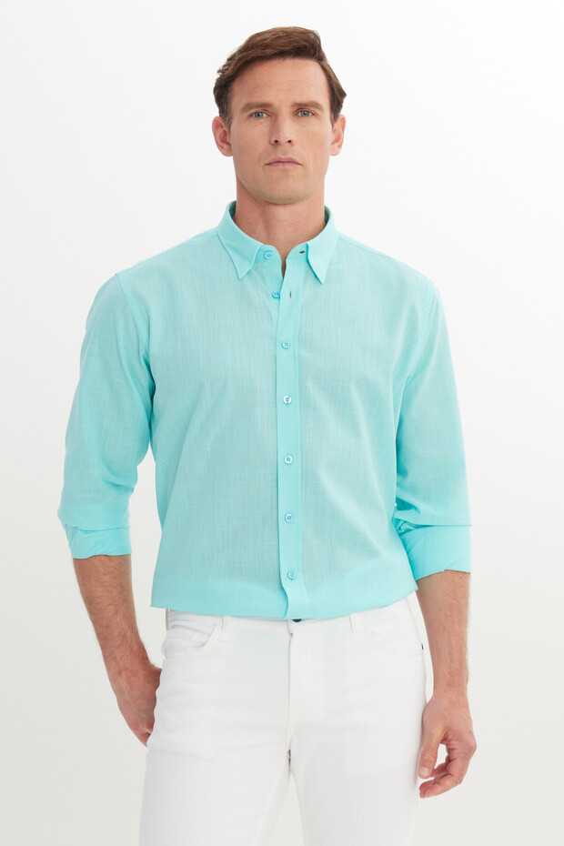 Erkek Turkuaz Comfort Fit Rahat Kesim Gizli Düğme Yaka %100 Pamuk Flamlı Gömlek - 1