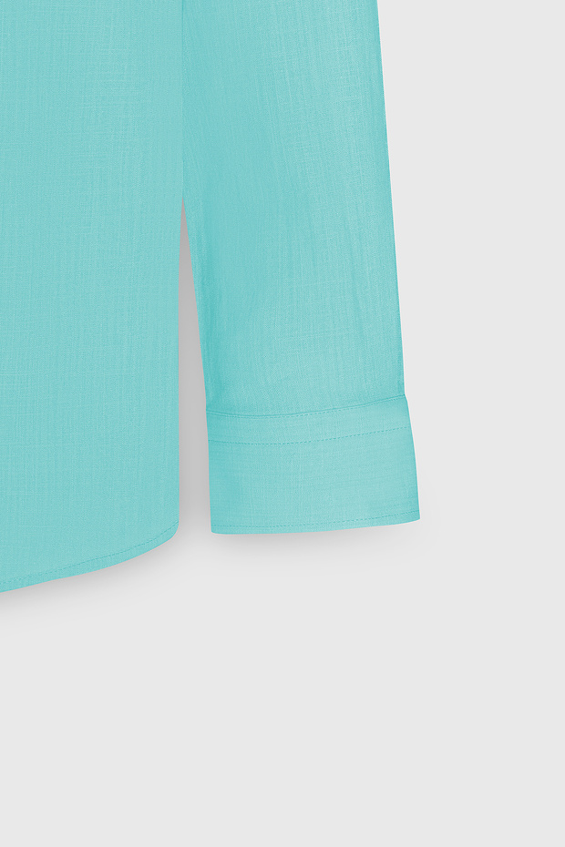 Erkek Turkuaz Comfort Fit Rahat Kesim Gizli Düğme Yaka %100 Pamuk Flamlı Gömlek - 9