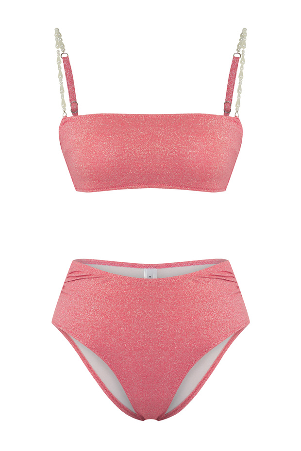 Pudra Aksesuarlı Straplez Kaplı Hipster Yüksek Bel Bikini Takımı TBESS25BT00060 - 5