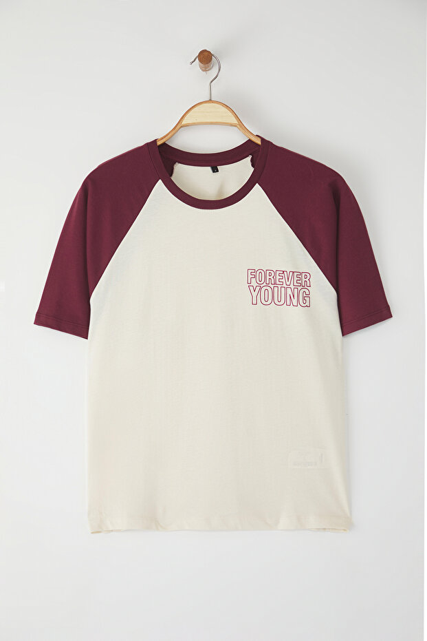 Taş %100 Kalın Pamuklu Renk Bloklu Sloganlı Relaxed/Rahat Kesim Örme T-Shirt TWOSS24TS00134 - 5