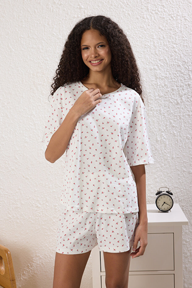 Çok Renkli 3'lü %100 Pamuklu Çiçekli Şortlu Örme Pijama Takımı THMSS25PT00419 - 6