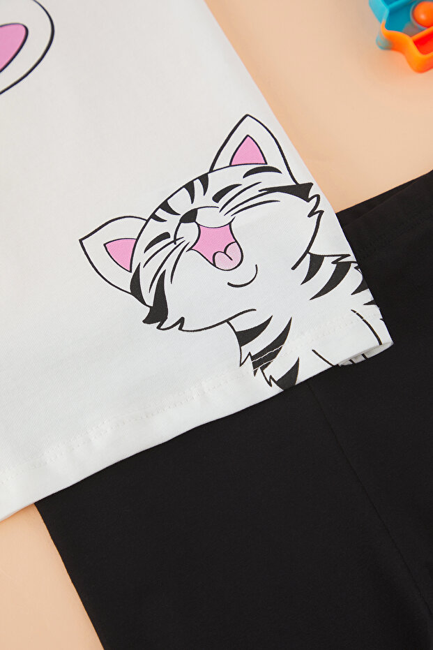 Ekru Pamuklu Baskılı Oversize T-Shirt-Tayt Kısa Kol Kız Çocuk Örme Alt-Üst Takım TKDSS25AU00105 - 2