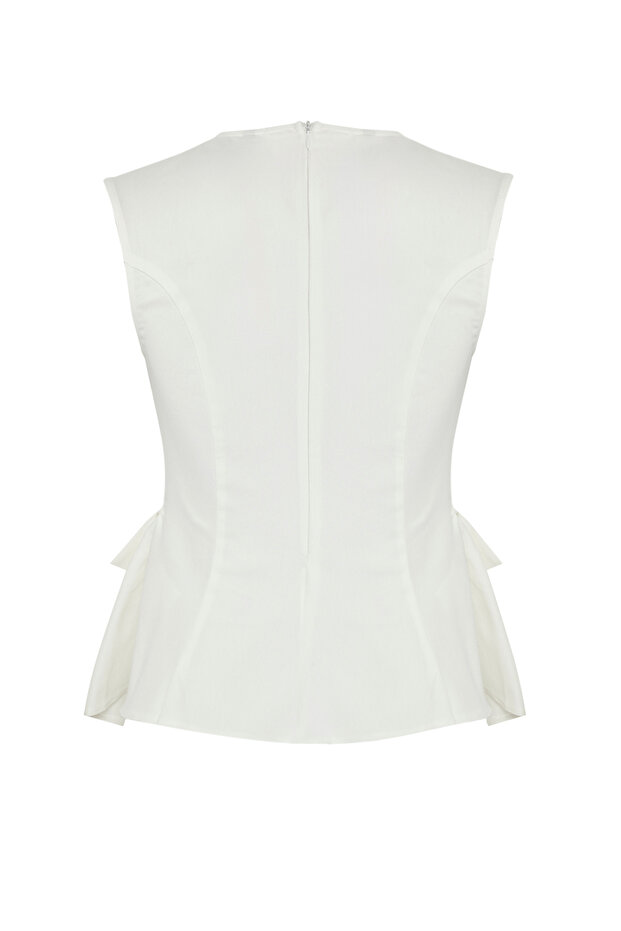 Ekru Pamuklu Gabardin Peplum Cep Detaylı Dokuma Bluz TWOSS25BZ00538 - 8