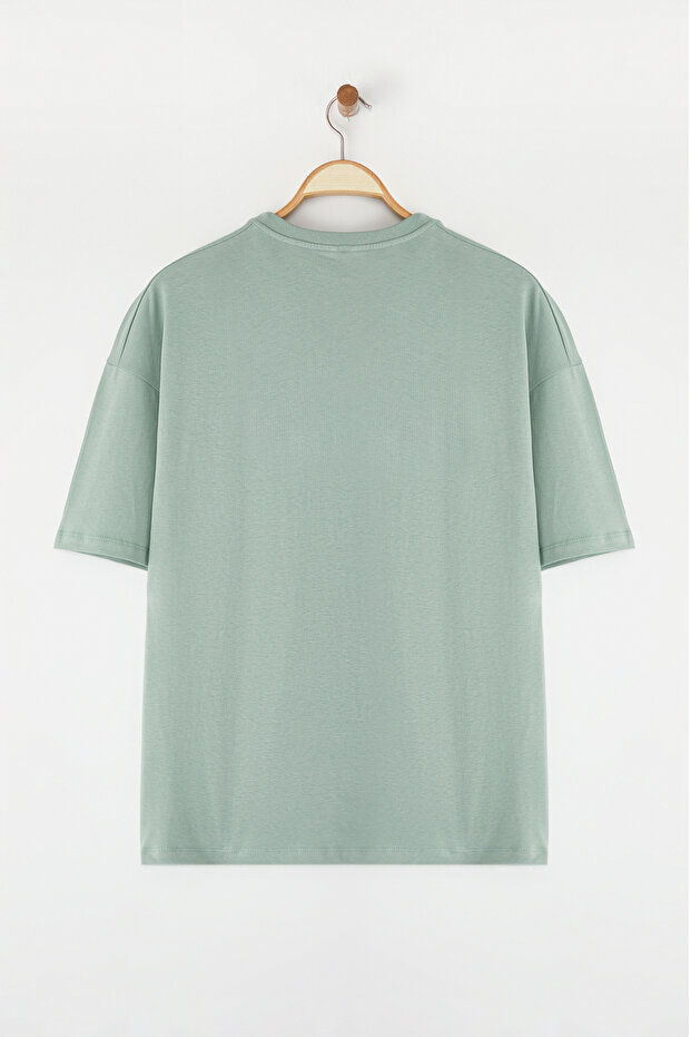 Koyu Mint Oversize %100 Pamuklu Bisiklet Yaka Minimal Yazı Baskılı Tok Kumaş T-shirt TMNSS23TS00084 - 9