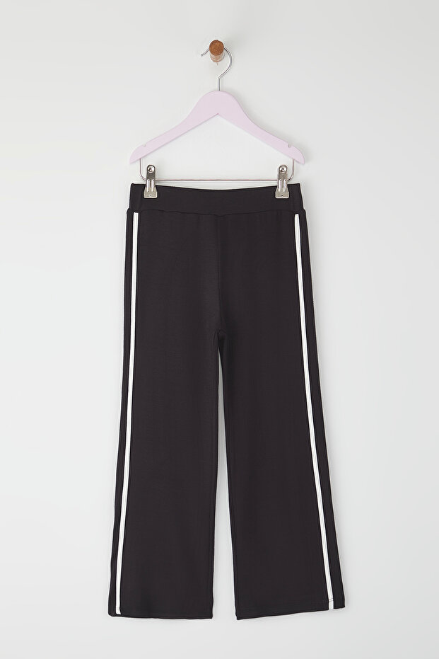 Siyah Pamuklu Kız Çocuk Biye Detaylı Wide Leg Örme Pantolon TKDSS25PL00015 - 4