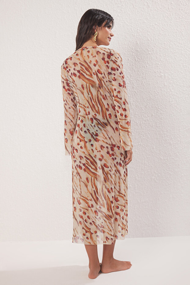 Leopar Desenli Örme Cut Out Detaylı Maxi Plaj Elbise TBESS25EL00116 - 4