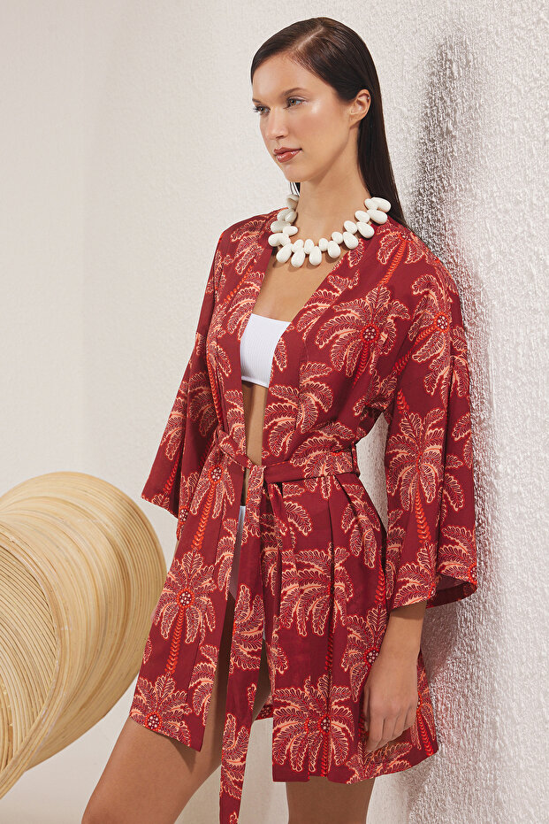 Tropikal Desenli Dokuma %100 Pamuk Plaj Mini Kuşaklı Kimono&Kaftan TBESS25KM00029 - 1