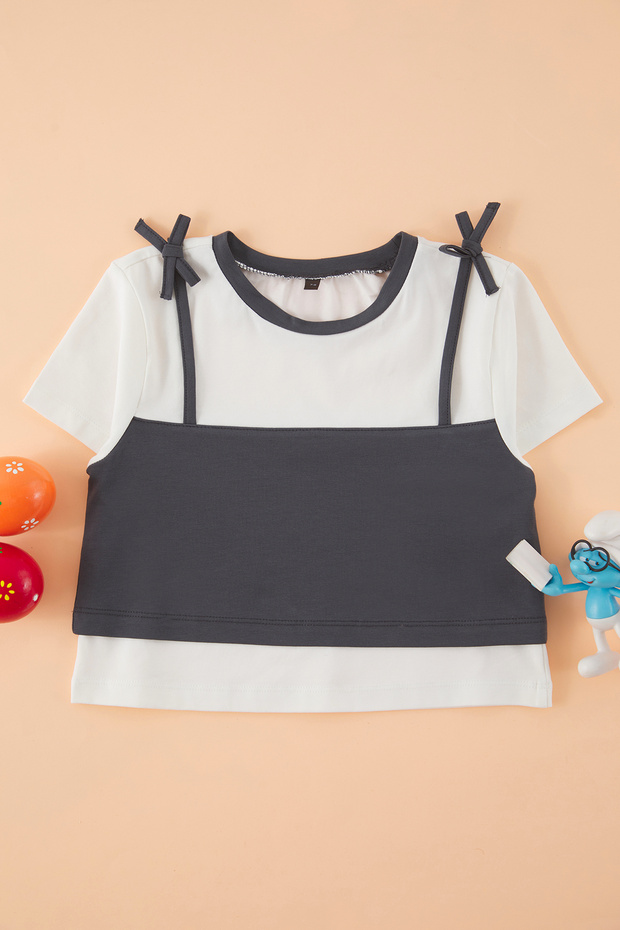 Ecru Girls' Cotton Athlete Detailed Ribbon Knitted T-Shirt Tkdss25Ts00114