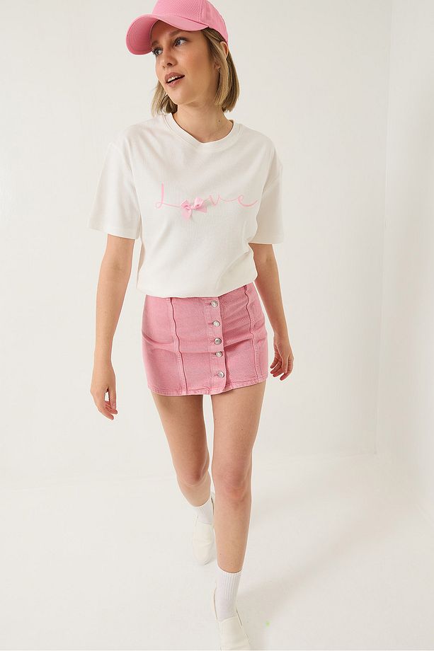 Kadın Love Baskılı Kurdele Detaylı Normal Kalıp Pamuklu T-Shirt 60283208 - 2