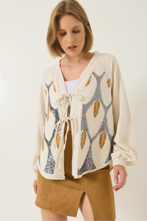 Women's Beige Linen Sequin Embroidered Kimono with Tie Detail Mh-6098 60283206