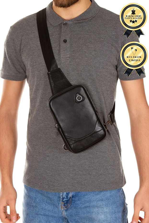 Black Men's Genuine Leather Crossbody Shoulder Bag with Phone Compartment & Headphone Outlet