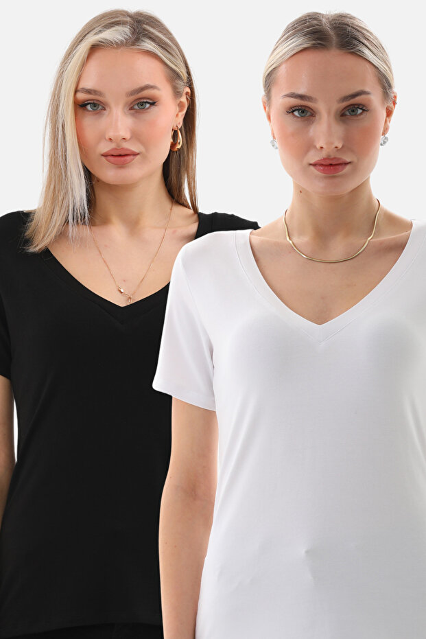 Viscose Draped V-Neck 2'Li T-Shirt-Black-White