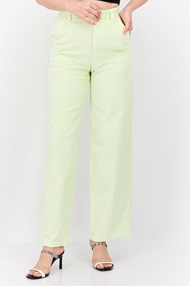 Women Regular Fit High Waist Corduroy Pants, Lime Green