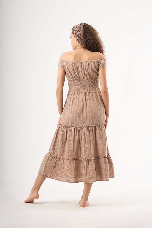 Bohem Frida Model, Yakası Lastikli, Gipeli, Yırtmaçlı Müslin Elbise - 3