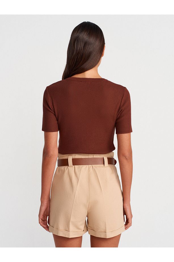 71635 Beli Lastikli Kemerli Şort-Camel - 2
