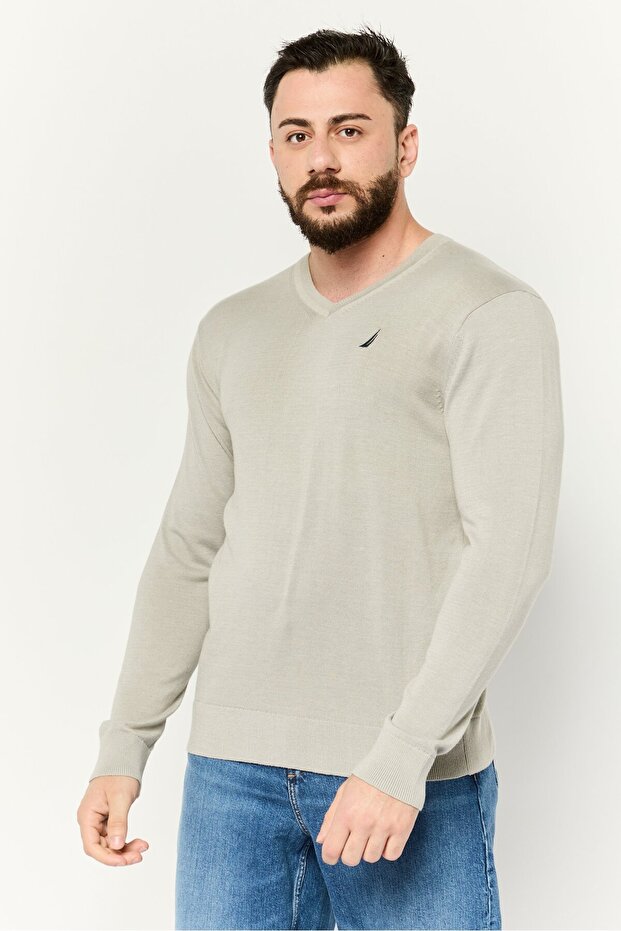 Men V-Neck Embroidered Logo Sweater, Grey