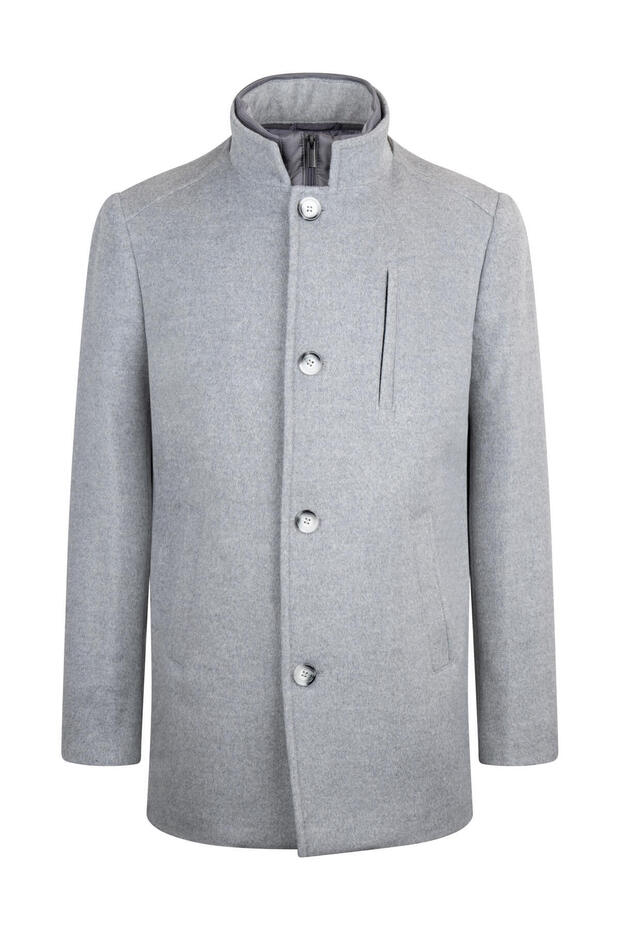 Gri Slim Fit Hakim Yaka Yünlü Basic Palto - 1