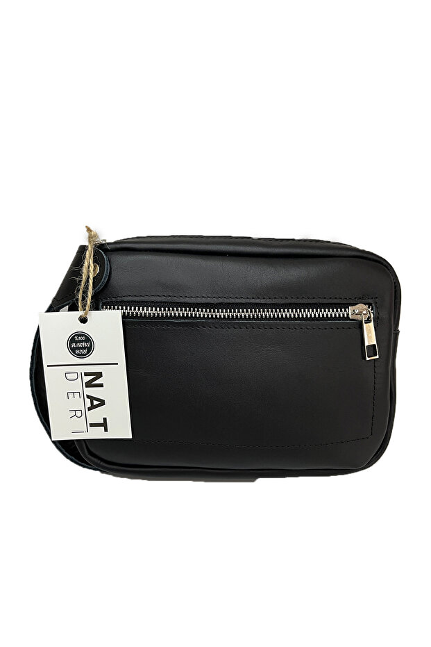 Genuine Leather Black Men's Handbag – Stylish Zippered Model, Hand Grip 15X22 cm