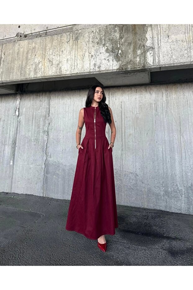 Burgundy Dress with Front Zipper Detail and Waist Fitting