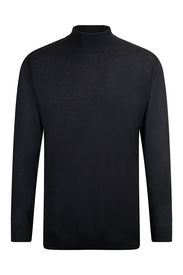 Siyah Regular Fit Jakarlı Yarım Balıkçı Yaka Yünlü Kazak - 1