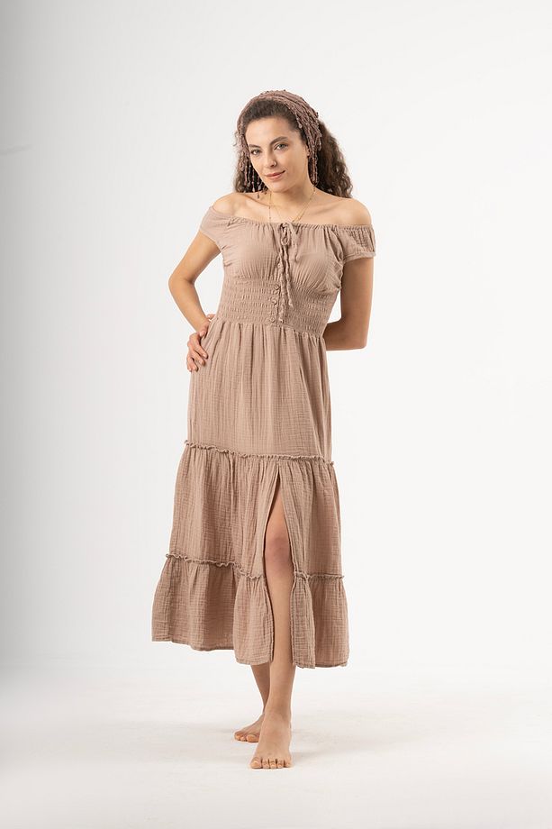 Bohem Frida Model, Yakası Lastikli, Gipeli, Yırtmaçlı Müslin Elbise - 2