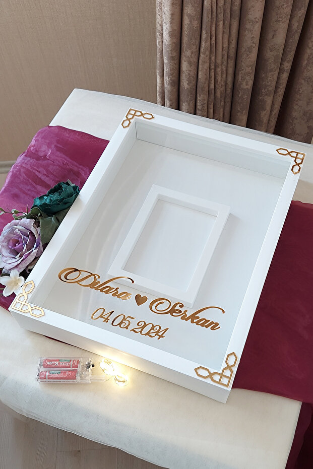 إطار ذاكرة بتصميم صندوق وردي مقاس 30 × 40 سم مع قسم صور LED باللون الذهبي والأبيض!إطار مرآة!