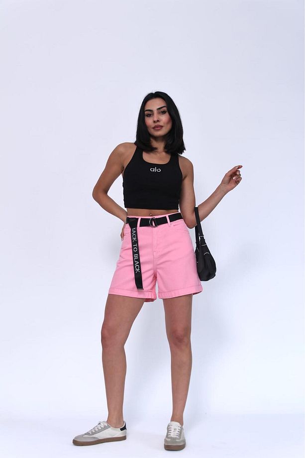 DUBLE PAÇA PEMBE KEMERLİ ŞORT - 3