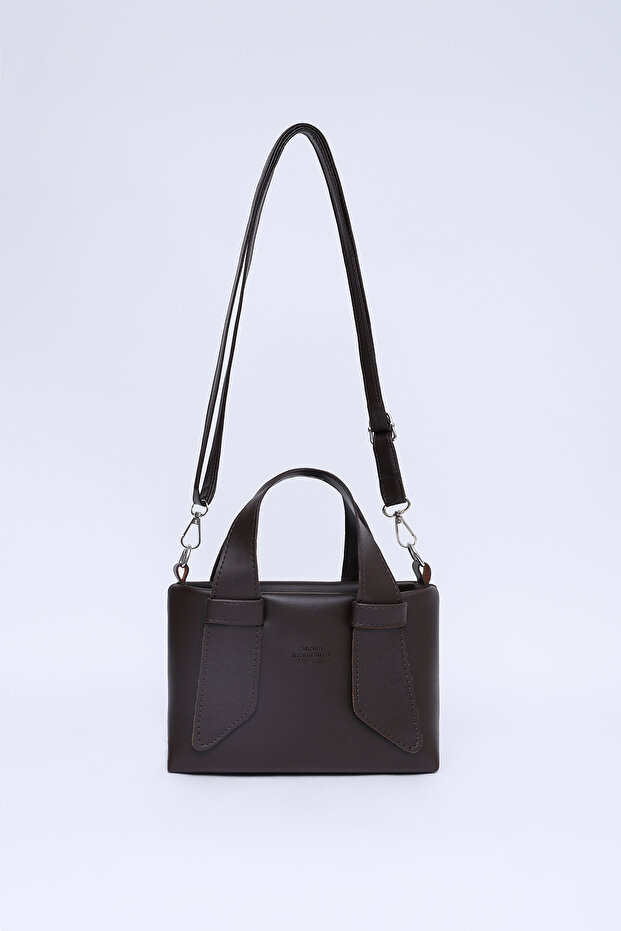 Coffee Color Shk60 Faux Leather Single Compartment Double Handle Hand and Cross Shoulder Bag L:14 W:21 W:8 cm