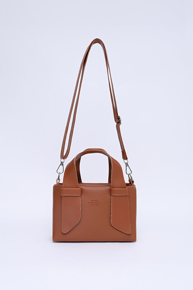 Tan SHK60 Faux Leather Single Compartment Double Handle Hand and Cross Shoulder Bag L:14 W:21 W:8 cm